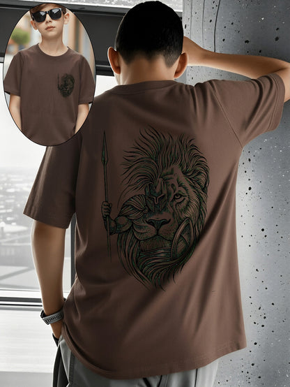 Boys' Cotton T-Shirt with Lion Warrior Print - Casual Summer Top