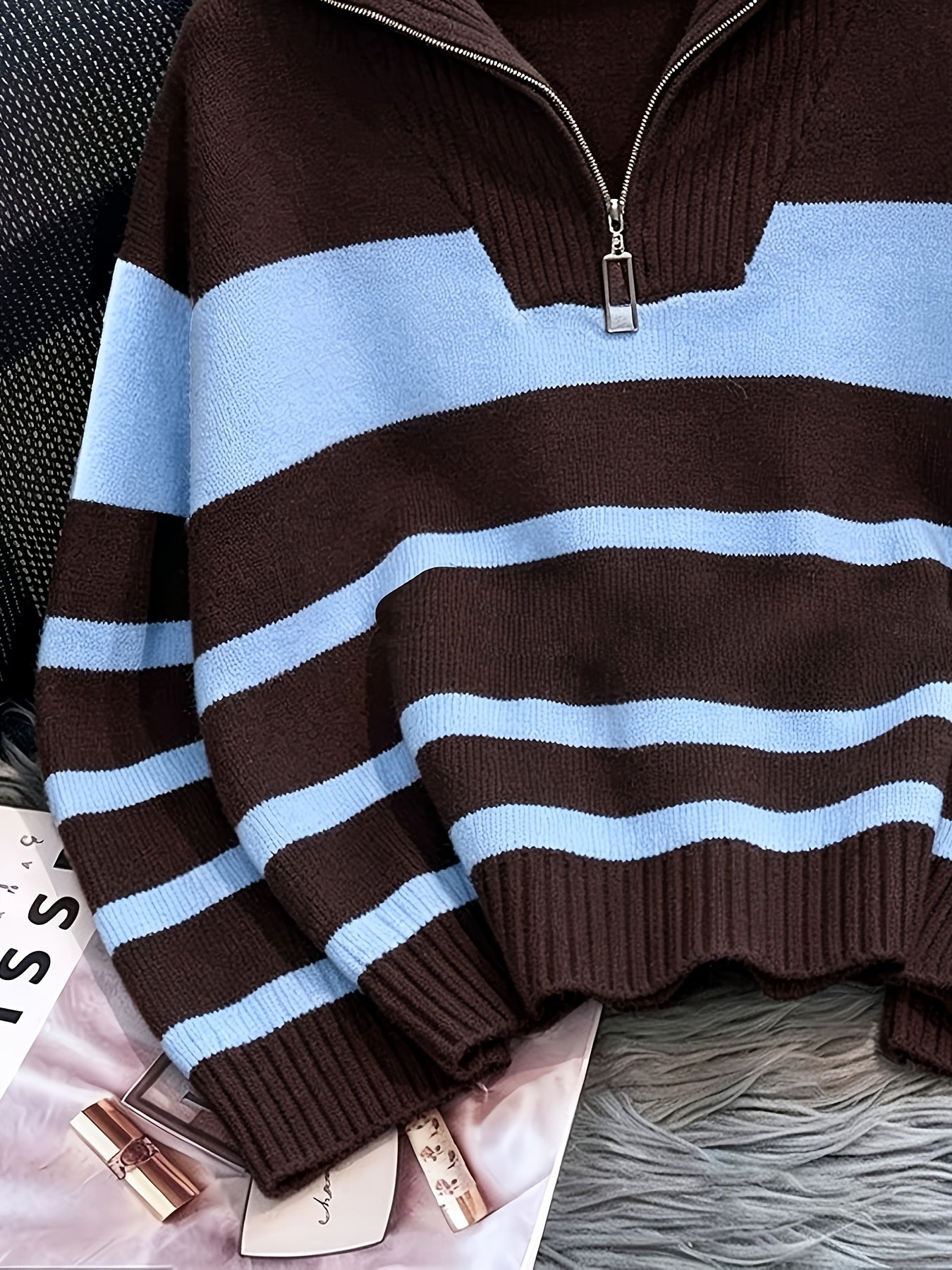 Women's Striped Zip-Up Sweater with Thickened Inner Layer
