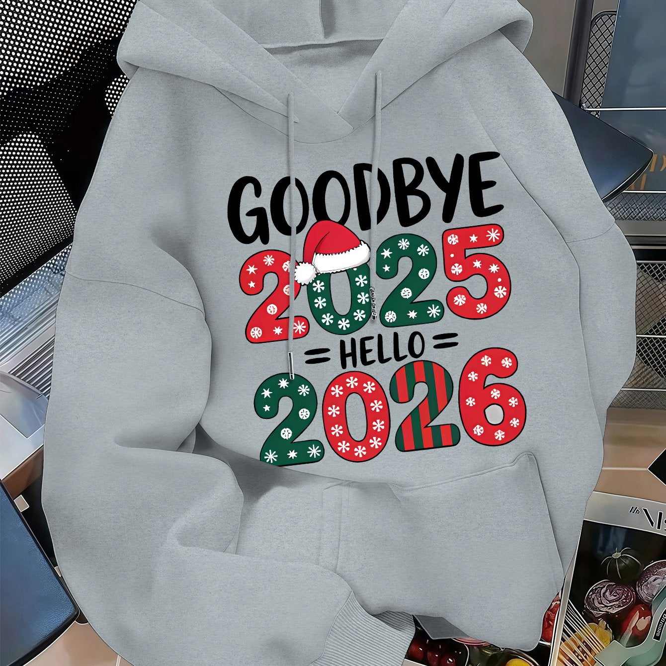 Men's 2025 New Year Red Hooded Sweatshirt - Christmas & New Year's Eve Party Sweater with Goodbye 2024/ 2025 Print, Snowflakes & Santa Hats, Machine Washable Winter Pullover for Holiday Celebrations