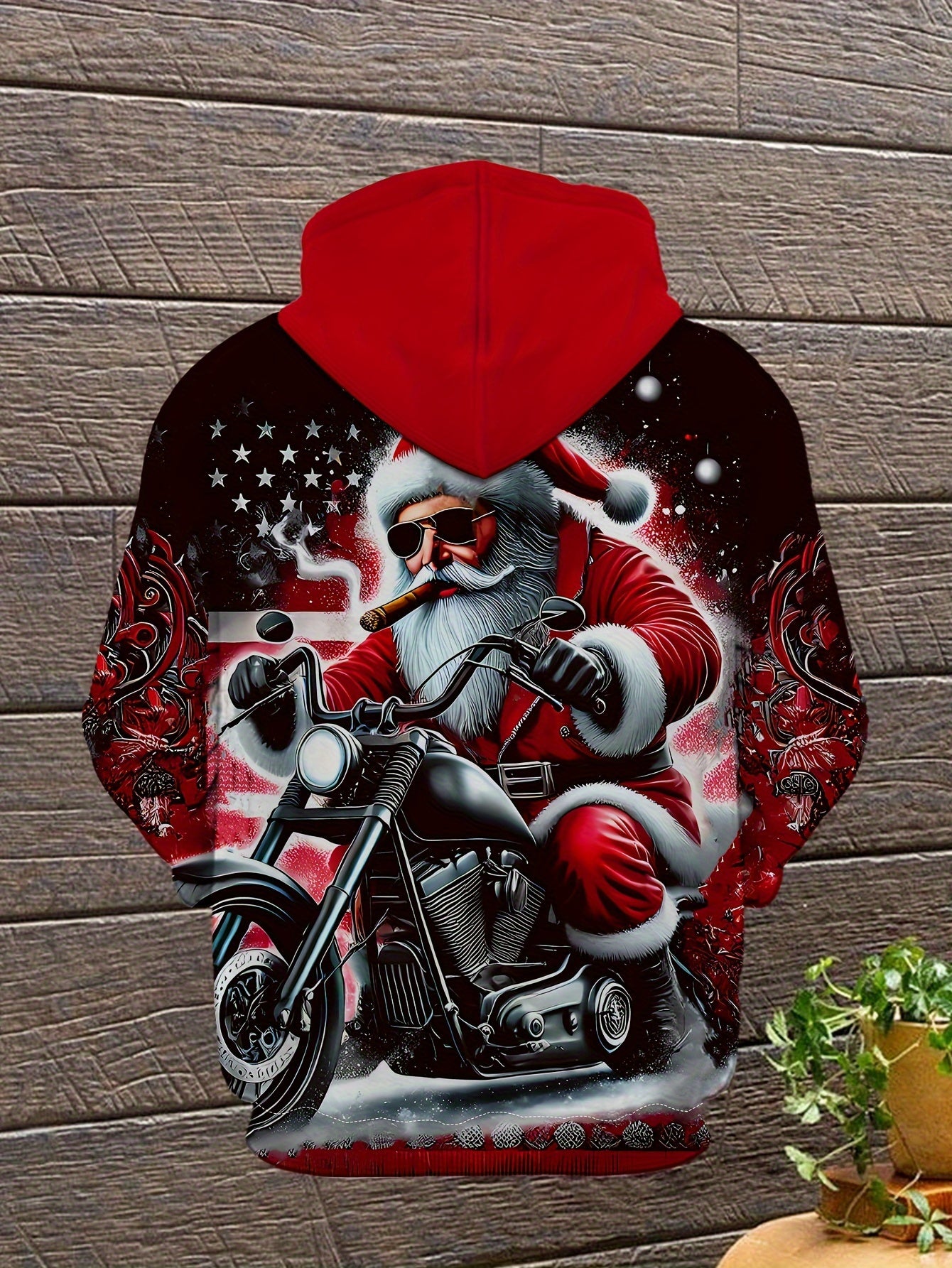 Plus Size Men'S Festive Santa Claus Motorcycle Hoodie - Long Sleeve, Casual Pullover with Drawstring and Kangaroo Pocket, Polyester, Machine Washable - Perfect for Autumn and Winter Street Style | Christmas Claus Motor Print