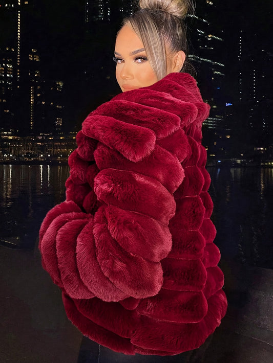 Women's Burgundy Red Plush Jacket - Luxurious -Like Collar &, All-Season Coat for Parties, Weddings, Casual Outfits - Hand Washable Non-Stretch Outerwear (No) - Elegant Winter-Ready Outer Jacket