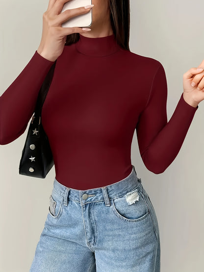 Women'S Elegant High Neck Long Sleeve T-Shirt - Soft Stretchy Solid Color Top for Spring Summer Fall, Versatile Casual & Formal Wear, Machine Washable, Seasonal Fashion, Sophisticated Style, Comfortable Fit, Stylish Blouse, F