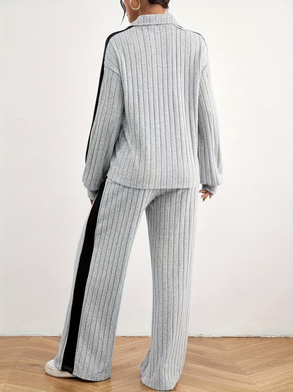 Women's Casual Color-Block Long Sleeve Pajama Set for Fall/Winter - ayq