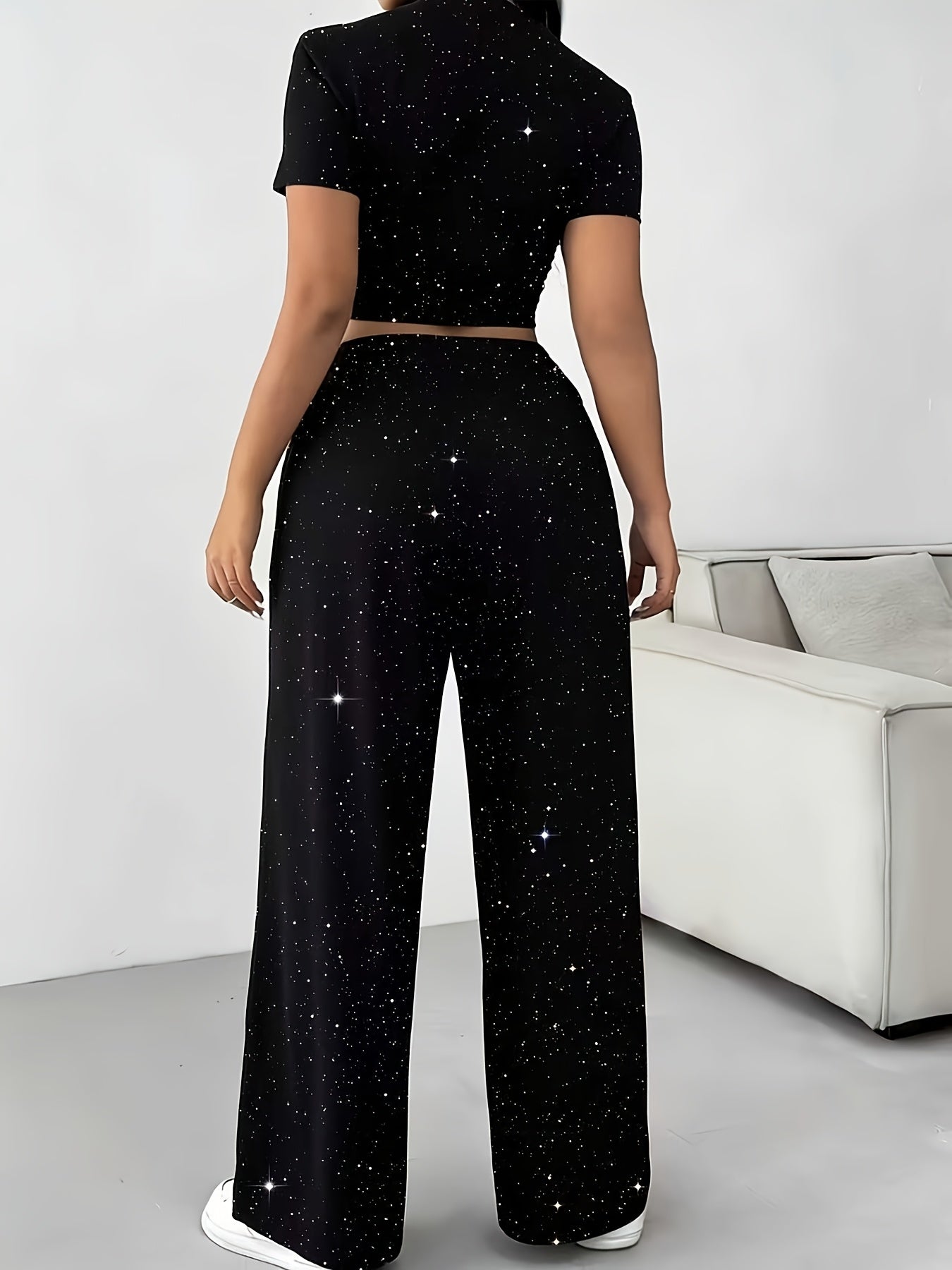 Ladies' Sparkling Elegant 2pcs Set: Short Sleeve Round Neck Top and Elastic Waist Straight-Leg Pants, Suitable for Spring and Summer Women's Wear