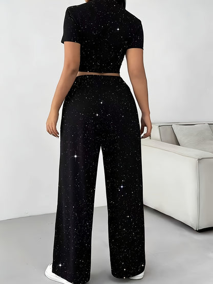 Ladies' Sparkling Elegant 2pcs Set: Short Sleeve Round Neck Top and Elastic Waist Straight-Leg Pants, Suitable for Spring and Summer Women's Wear