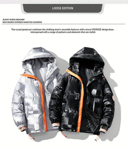 Men's Checkered Graphic Print Padded Outwear With Pockets, Casual Zip Up Long Sleeve Warm Hooded Outwear For Winter Outdoor Activities