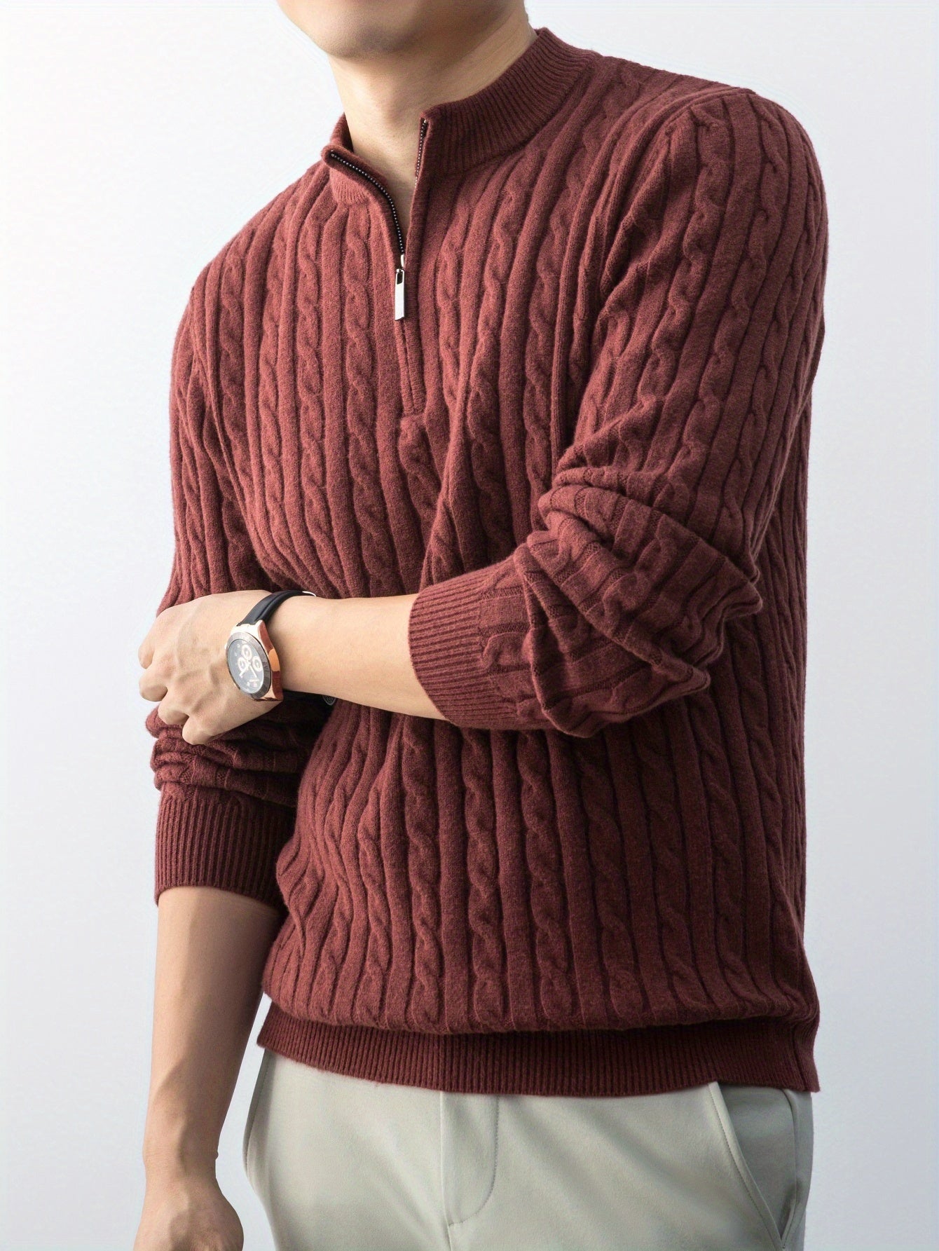 New Men'S Christmas Gift: a Thick, Warm, And Cold-Resistant Knitted Sweater with a Cable-Knit Design And a Zippered Collar, Suitable for Both Layering And Wearing Alone, Perfect for Casual And Versatile Outfits
