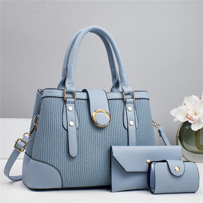 Women's 3-Piece Striped PU Handbag Set with Detachable Strap