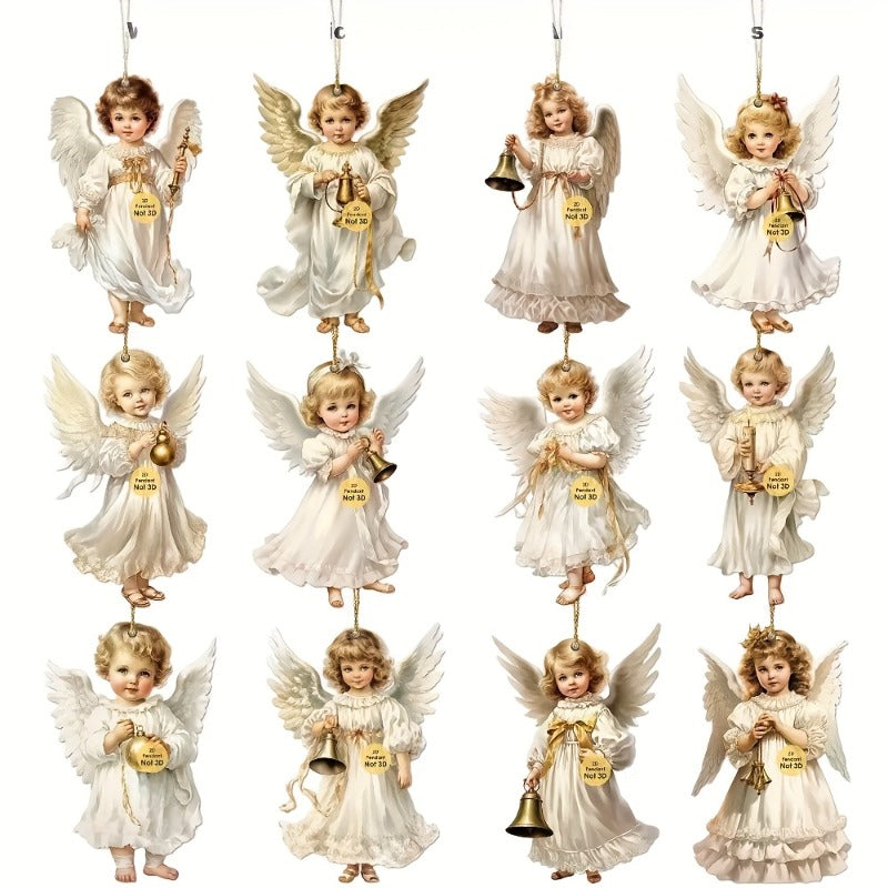 12pcs/24pcs Victorian Style Angel Ornaments - Serene White Angels with Golden Bells and Ribbons, Perfect for Home, Window, Fireplace, and Party Decorations, Festive Spring and Country Style, Ideal Celebration and Party Gift,