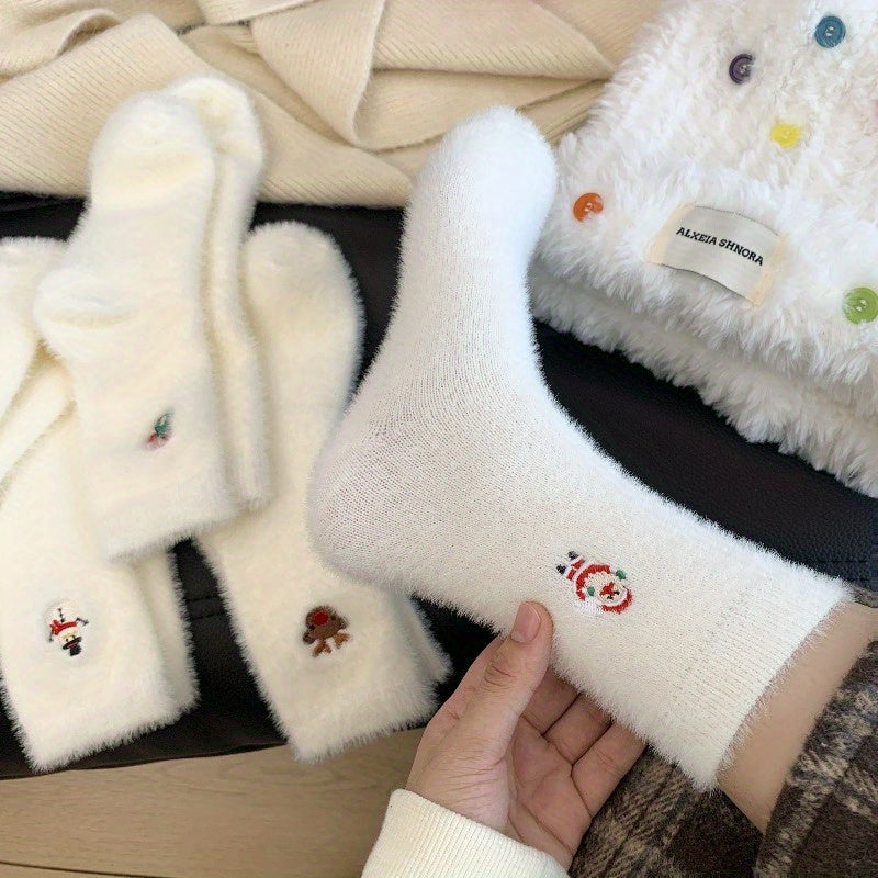 1 Pair Women's Cozy Furry Winter Thermal Socks - Thick Warm Plush Polyester with Festive Snowman, Gingerbread & Reindeer Embellishments, Soft Round Toe & Heel, Hand Wash Only - Christmas & New Year's Party Socks for Cold Weat