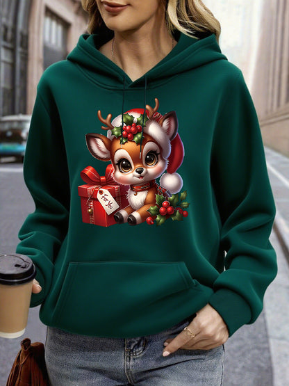 Women's Christmas Deer & Reindeer Print Hoodie - Cozy Winter Pullover Sweatshirt with Cute Deer Headband-Like Hood, Slim-Fit Casual Jacket for Holiday Parties, Xmas Outfits & Cold Weather (Machine Washable), Fall Clothes For