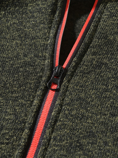 Men's Sporty Full-Zip Stand Collar Sweatshirt - Long Sleeve Casual Pullover with Neon Green Accents, Solid Color Non-Stretch Fabric, Regular Fit for Fall Winter