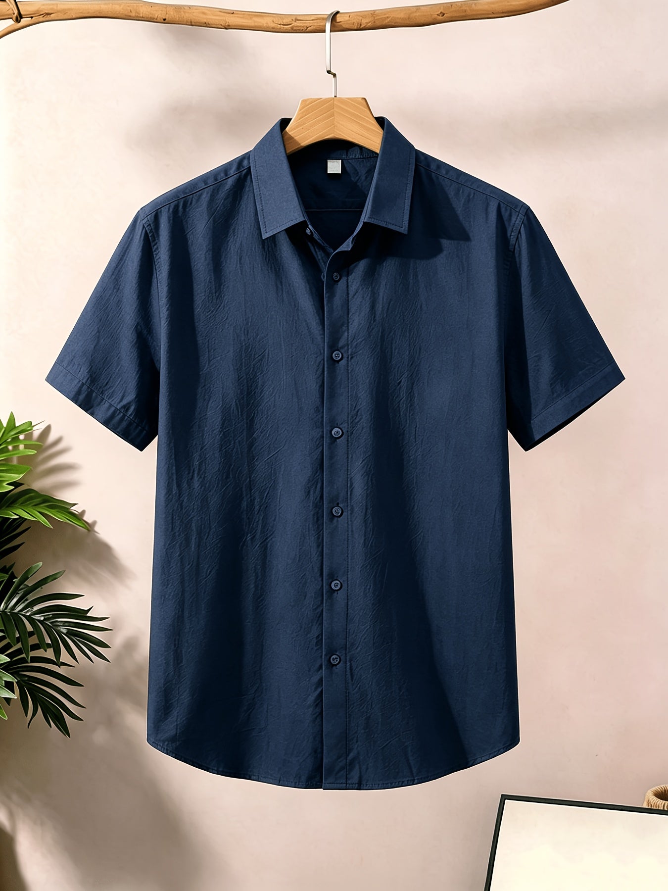 Men's Casual Button-Up Shirt, Cotton-Linen Blend, Short Sleeve
