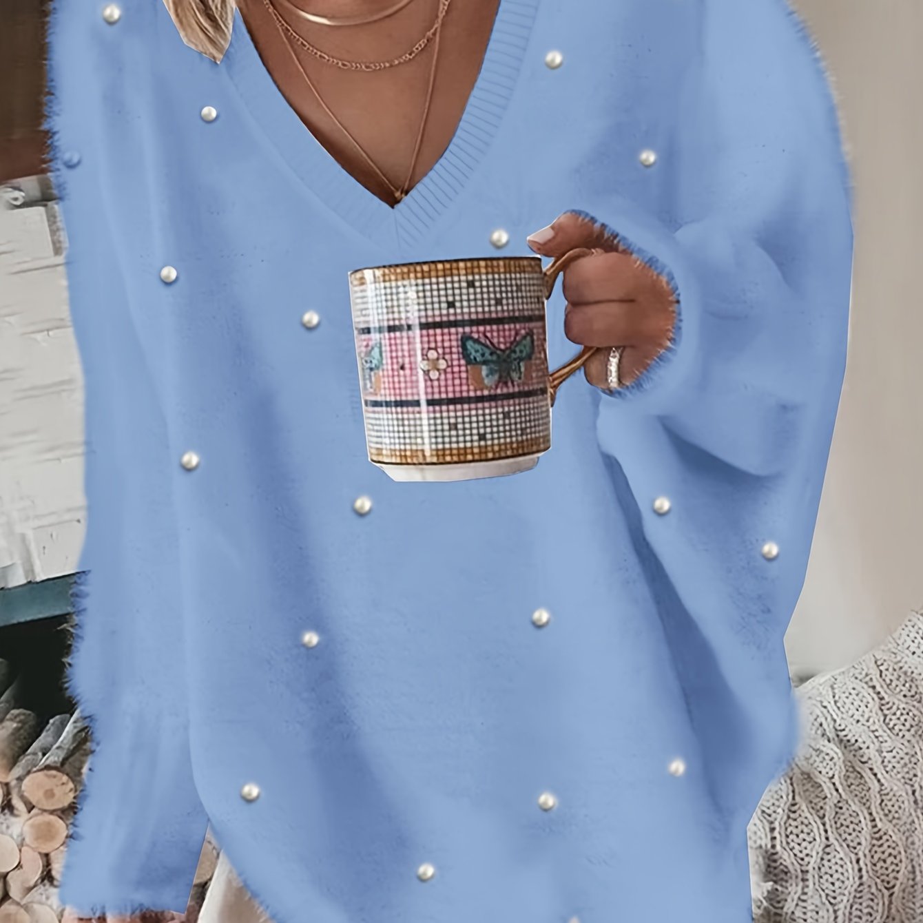 Plus Size - Women'S Cozy Yellow V-Neck Sweater with Pearl Buttons & Fleece-Lined Cuffs - Asymmetrical Hem, Geometric Pattern, Casual Winter Pullover for Casual Attire, Winter Apparel | Vneck Sweater | Pearl Button Details, Sw