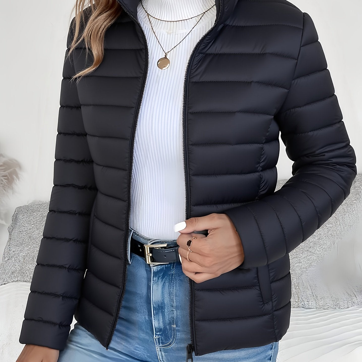 Women's Lightweight Winter Coat - Elegant Stand Collar Long Jacket, Machine Washable Cold Weather Outerwear for Fall/Winter, Formal & Everyday Use - Elegant Women's Outerwear, Casual Cold Wear, High Collar Design, Zipper Clos
