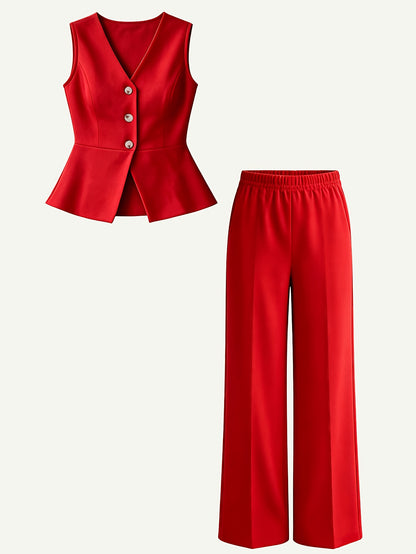 Girls' Sleeveless V-Neck Vest & Wide-Leg Pants Set for Spring-Fall