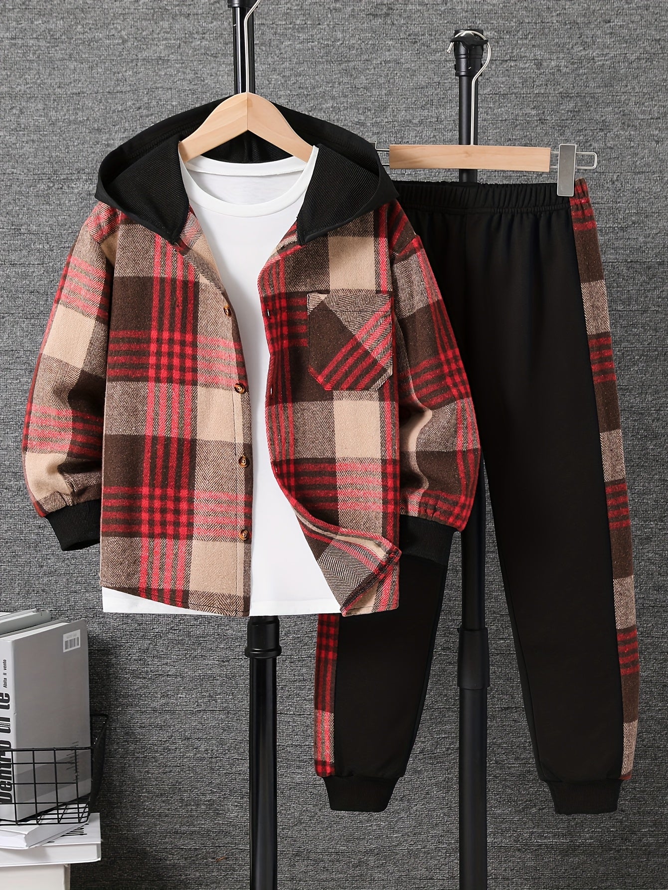 Boys' Fleece Plaid Hooded Long Pants Set, Perfect for Outdoor