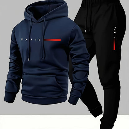 Halloween Men'S Hoodie with PARIS Lettering And Drawstring Sweatpants Set, a Must-Have Outfit for Autumn And Winter, Perfect for Everyday Outdoor Wear