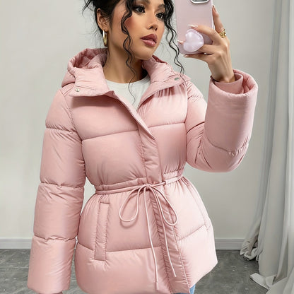 Women'S Elegant Black Puffer Jacket - Mid-Length Loose Fit with Adjustable Drawstring Waist, Long Sleeves, and Front Zipper, Casual Winter Outerwear for Cold Weather, Winter Jacket