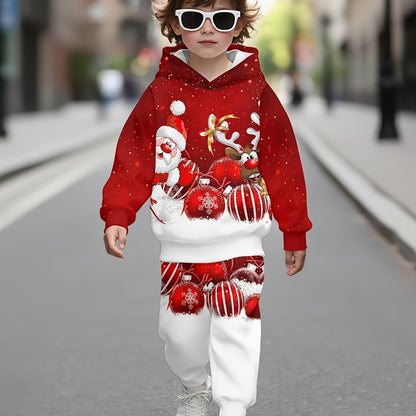 Spring and Autumn Boys' Hooded Sweatshirt 2pcs Set, Red and White Polka Christmas Cool 3D Gift Print Pattern, Matching Shirt and Joggers, Suitable for Outdoor Indoor