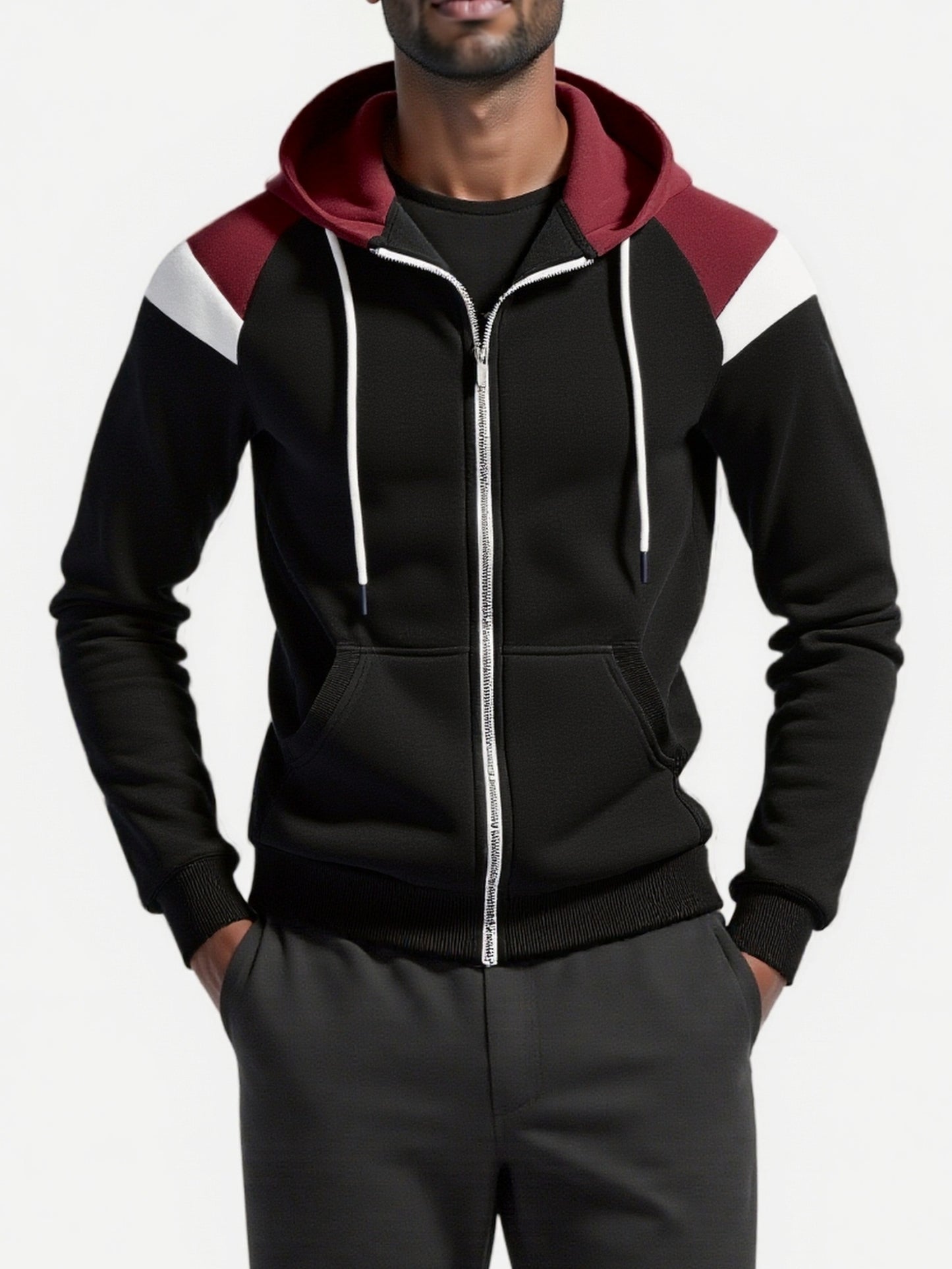 Men's Zip-Up Hoodie Jacket - Full-Zip Front Closure, Zipper Cardigan, Long Sleeve Pullover for Gym, Office, Everyday - Lightweight Warmth in Burgundy/Black/ Colors Available - Easy-Care Zippered Casual Outerwear, Hoodie Zip U