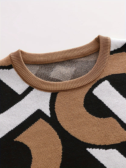 Temujin OBM Men's Fashion New Jacquard Color-Block Knit Long Sleeve Pullover Sweater