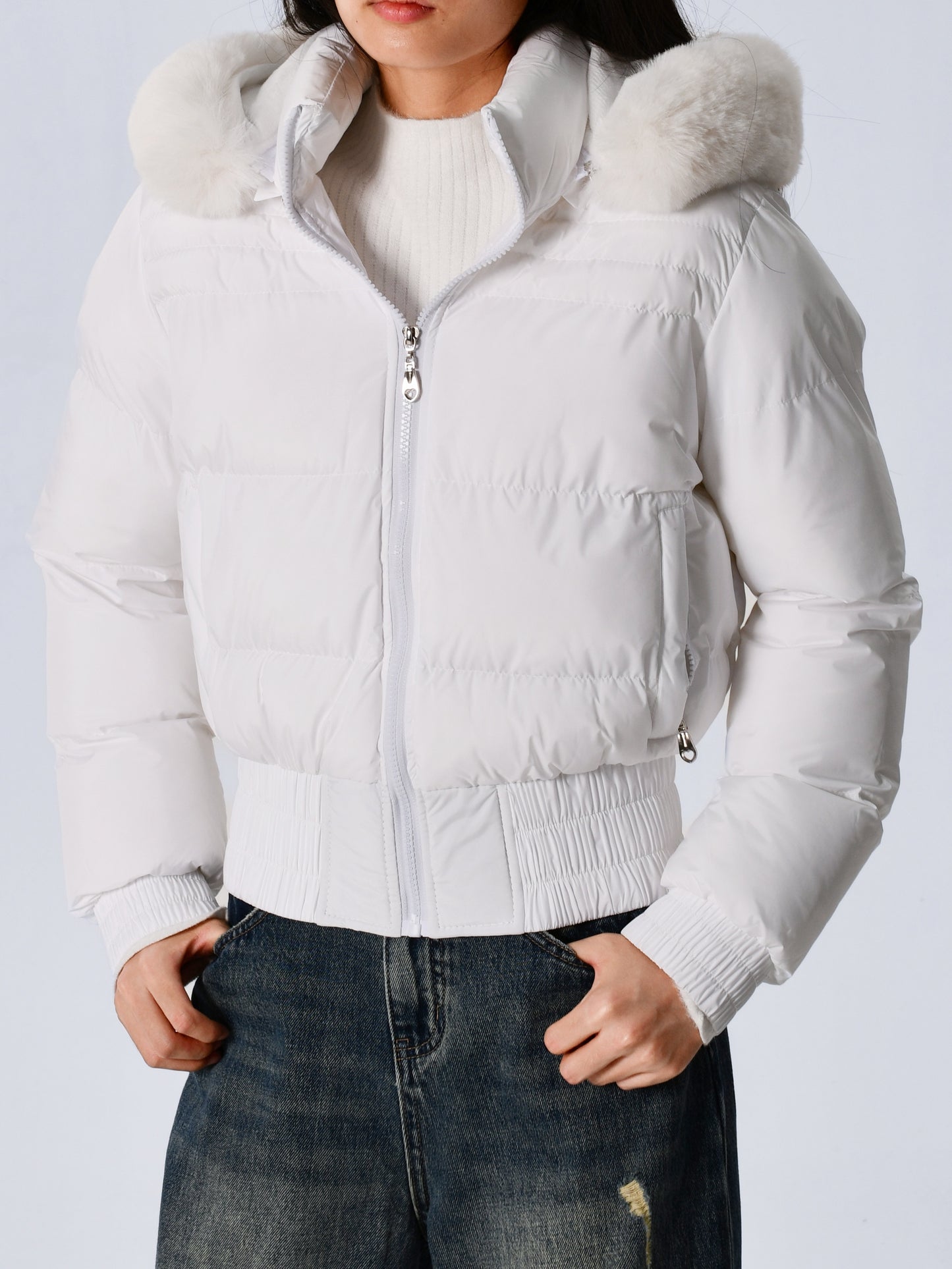Elegant Polyester Padded Jacket for Women - 2024 Fashion Short Solid Color Coat with Thick Faux Fur Collar, Long Sleeves, Zipper Detail, Woven - Winter Warmth Casual Outerwear