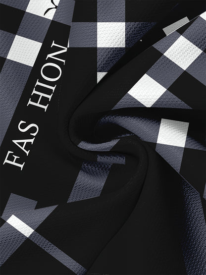 Men'S Casual "FAS HION" Graphic T-Shirt - Black  Blue Plaid, Short Sleeve, Round Neck, All-Season Comfort Fit, Casual Attire   Plaid Pattern Top   Comfortable Fit Shirt
