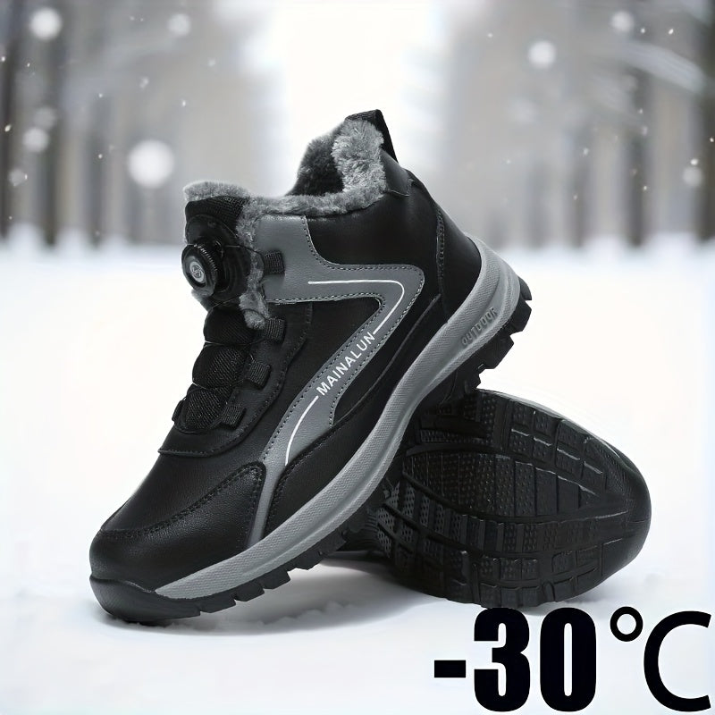 MAINALUN Men's Heavy-Duty Winter Snow Boots with Rotating Buckle Closure, PU Upper & PVC Sole - Thick Plush Lining, Warm Short Ankle Boots for Ice, Snow, Slush, Work, Outdoor (Adjustable Strap, Fit)