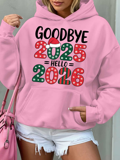 Women'S Hoodie - Goodbye 2025 Hello 2026 Sweatshirt with Christmas Countdown Design, Beige Pullover Hoodie, Front Pocket for Fall/Winter, Cozy Long Sleeve Sweater for New Year'S Eve & Everyday Winter Outfits - Perfect Gift fo