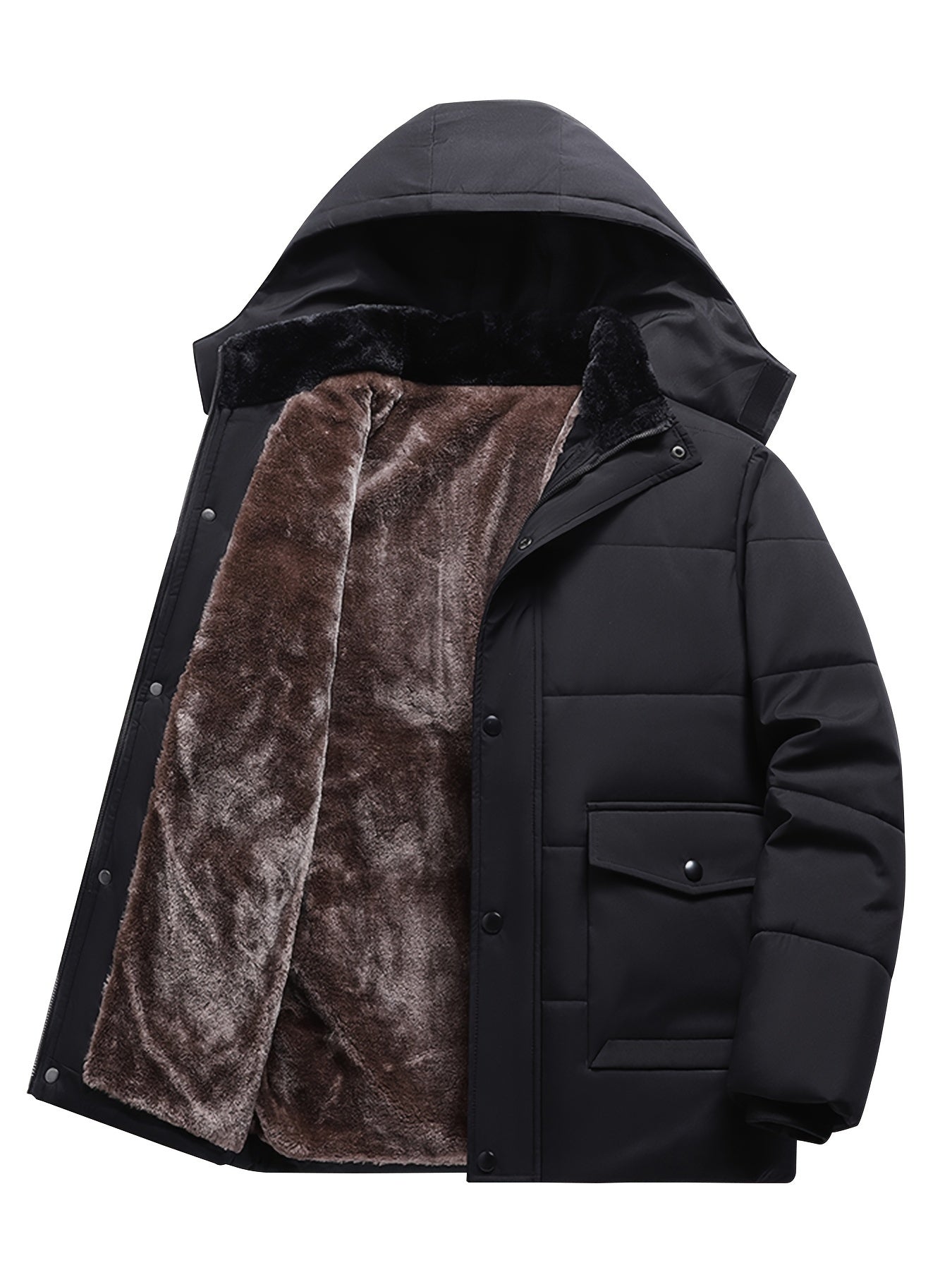 Men's Heavy-Duty Winter Hooded Jacket with Fur-Like Collar & Pockets - Navy Blue/Brown Coat, Golden-Tone Zipper Closure, -Filled Casual Outerwear for Cold Weather (Hand Wash/Dry Clean)