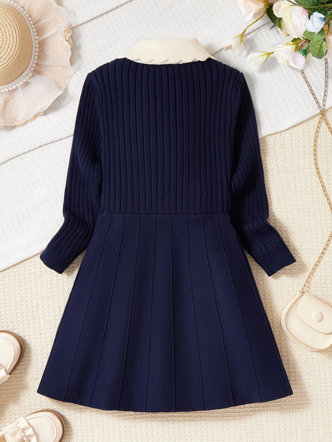 Girls' Preppy Knit Midi Dress with Embroidered Pattern, Long Sleeve