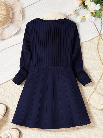 Girls' Preppy Knit Midi Dress with Embroidered Pattern, Long Sleeve