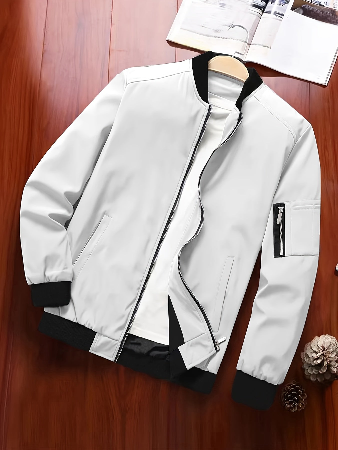 Men's Baseball Jacket - All-Season Zip-Up Coat with Zippered Pockets, Machine Washable Outerwear for Casual & Formal Events - Navy Jacket, Sleek Appearance