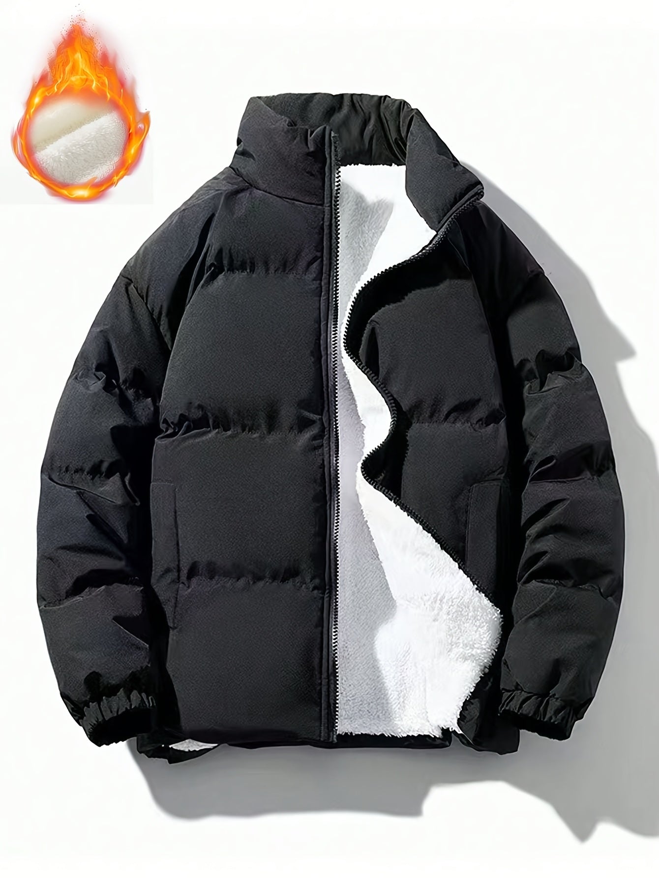 Yilong OBM Men's 2025 Fleece-Lined Winter Coat - Stand Collar Padded Insulation, Machine Washable Polyester, Solid Color Casual Jacket with Zipper Closure for Cold Weather, Winter Jacket, Outdoor Clothing, Minimalist Design,