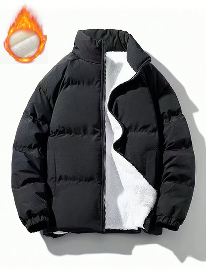 Yilong OBM Men's 2025 Fleece-Lined Winter Coat - Stand Collar Padded Insulation, Machine Washable Polyester, Solid Color Casual Jacket with Zipper Closure for Cold Weather, Winter Jacket, Outdoor Clothing, Minimalist Design,