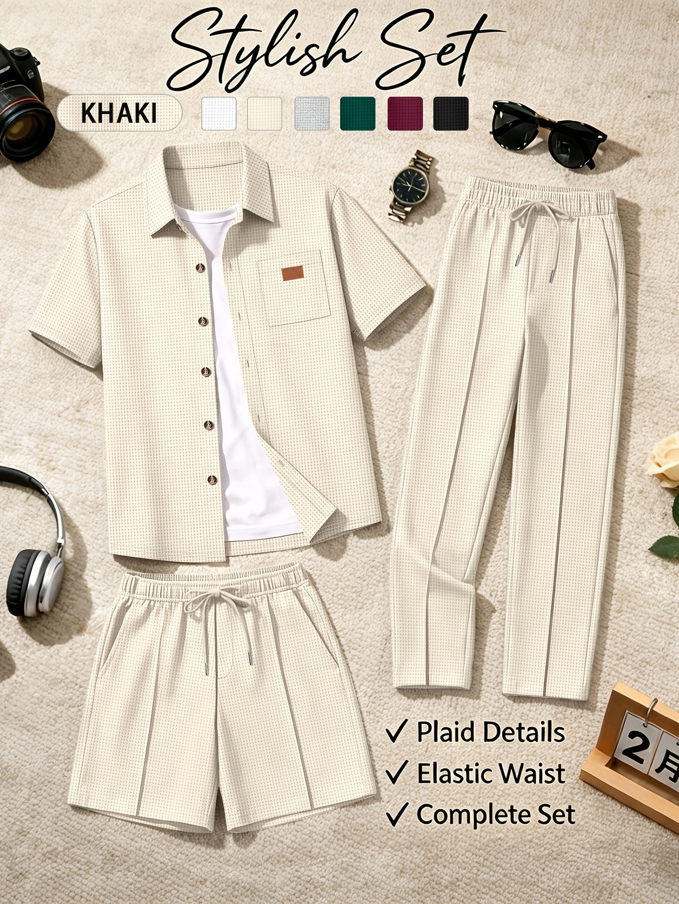 Men's 3-Piece Casual Waffle Knit Summer Set with Shirt & Shorts