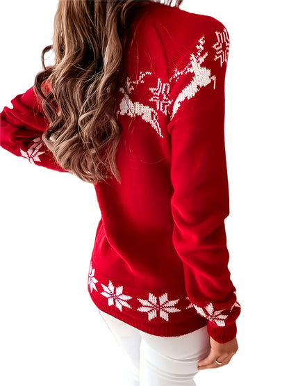Women's Elegant Red Christmas Sweater with White Snowflake & Reindeer Pattern - Soft Stretchy Polyester Long Sleeve Round Neck Pullover, Cozy Winter Sweater for Holiday Parties & Everyday Winter Wear, Festive Sweater for New