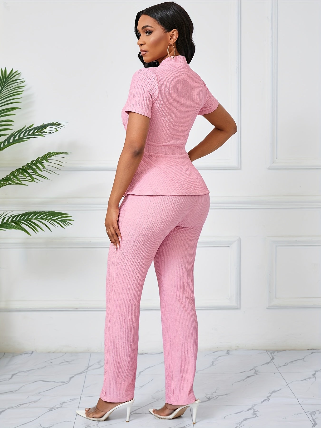 Women's Elegant Casual Solid Color Textured Pants Set