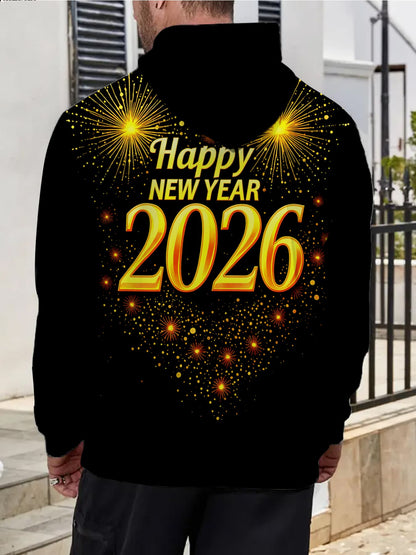 Men's 2026 New Year Fireworks Print Hooded Sweatshirt - Winter Warm Loose-Fit Pullover Hoodie with Firework Patterns, Machine Washable Casual Sweater for Christmas & NYE Parties (Red/Golden/White)