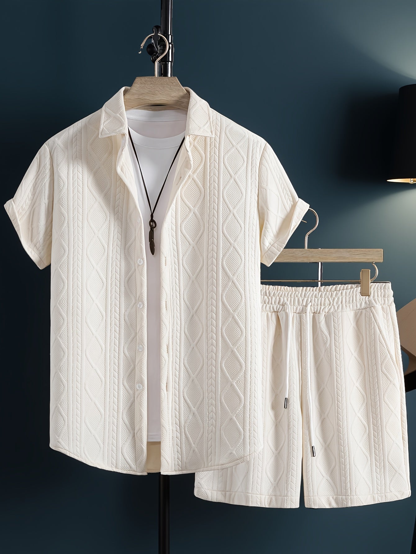 Men's Set Shirt Short Sleeve Shorts Thick Solid Color Knit Jacquard Casual Comfort High-Quality Two-Piece Set