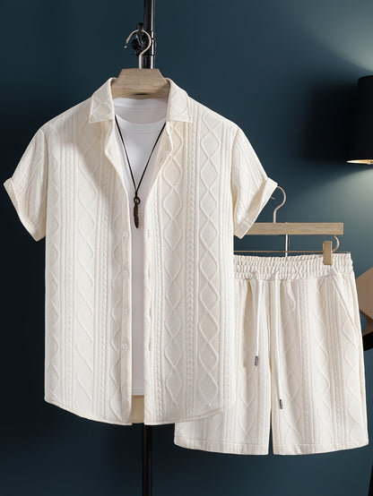 Men's Set Shirt Short Sleeve Shorts Thick Solid Color Knit Jacquard Casual Comfort High-Quality Two-Piece Set