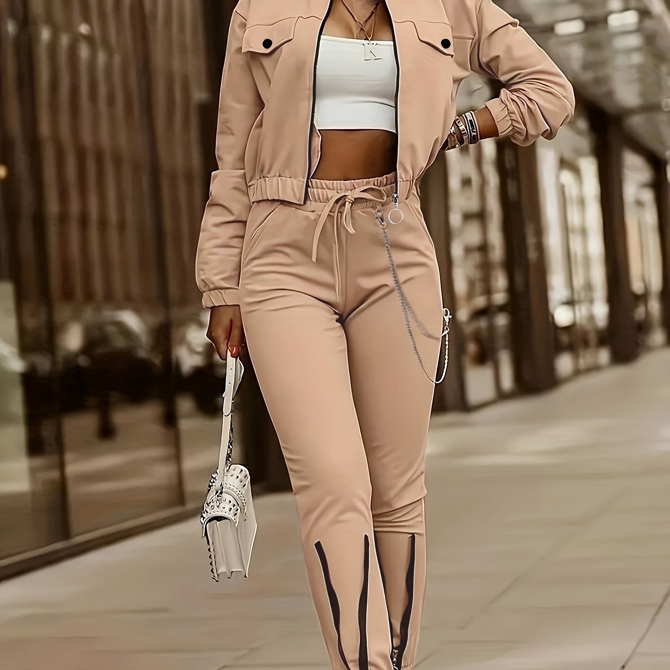 Cross-Border Women'S Two-Piece Set with Zip Long-Sleeve Top And Pants Featuring a Patchwork Zip Design, Casual Outfit