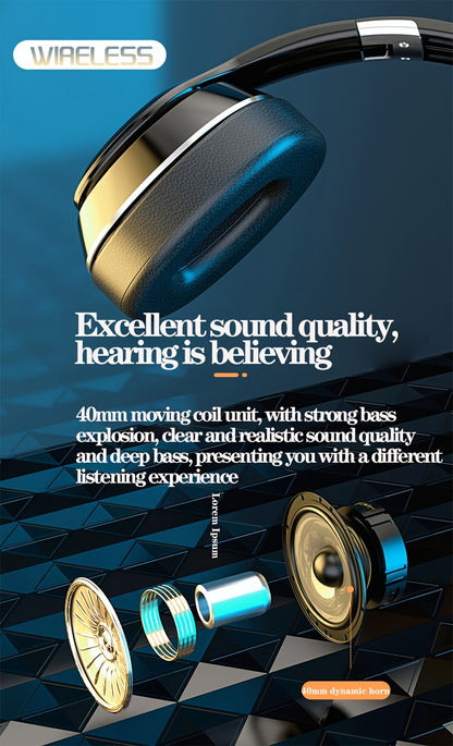 High-End Over-Ear Wireless Headphones with Metal Folding Design, Surround Sound, Wireless, TF Card/Radio Modes, USB-C Charging, Ergonomic Comfort for Sports, Gaming & Running - Blue & Golden