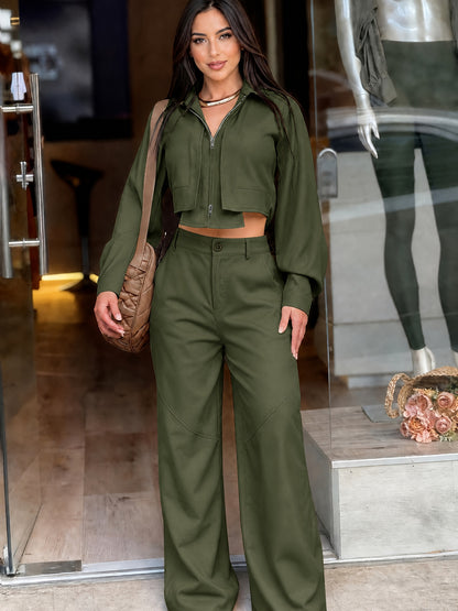 Women’s Two-Piece Zipper Top & High-Waist Wide-Leg Pants Set - ayq