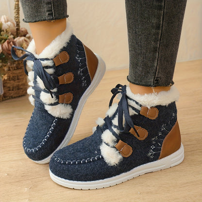 New Autumn-Winter Plush Lace-Up High Top Women's Snow Boots, Fashionable Warm Short Ankle Shoes, Trendy Versatile Comfortable Thermal Low Cut Winter Footwear