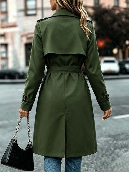 Elegant Solid-Color Double-Breasted Trench Coat with Belt