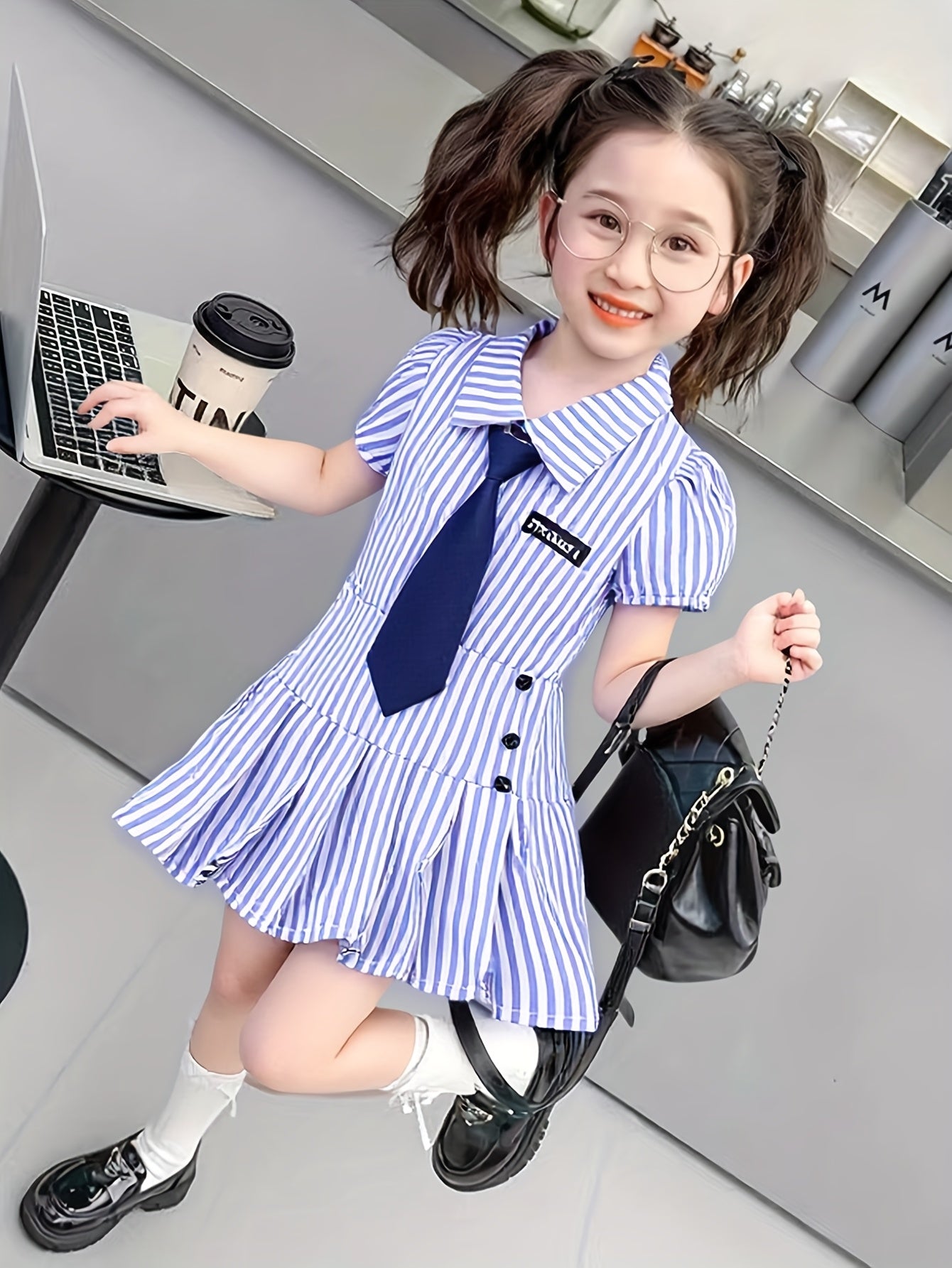 Girls' Summer Preppy Striped Shirt & Pleated Skirt Set