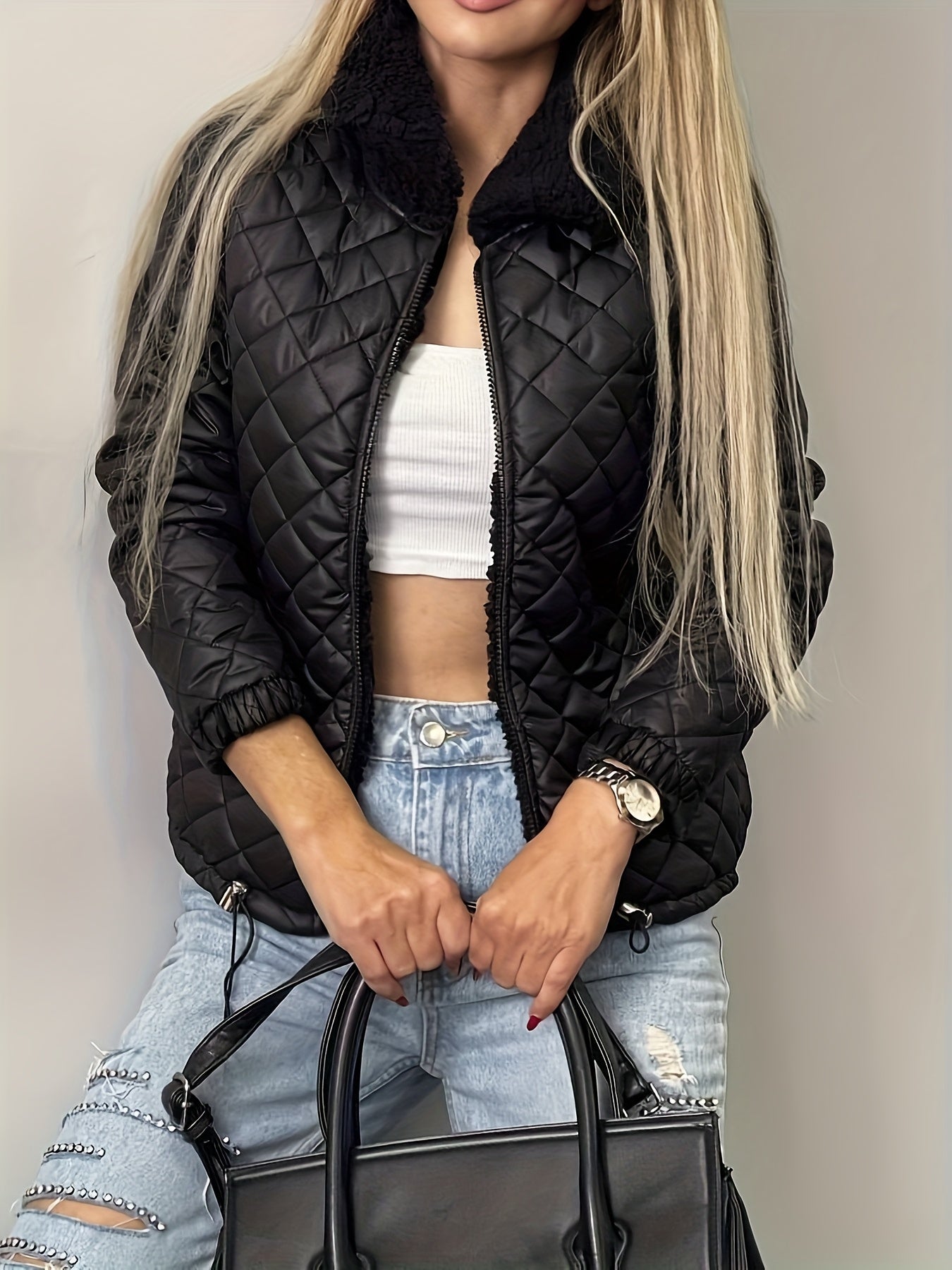 Women'S Cozy Quilted Jacket - Long Sleeve, Zip-Up, Warm Casual Outerwear with Pockets, Perfect for Fall & Winter, Casual Winter Wear | Zippered Jacket | Quilted Design