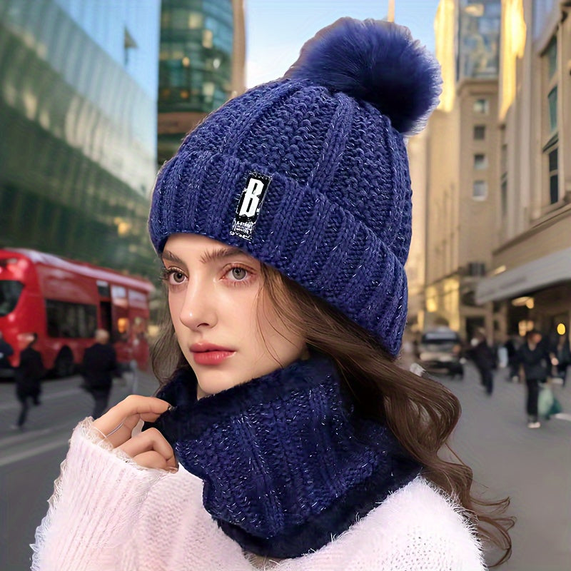 New Year's Acrylic Knit Beanie with Pom-Pom and Matching Scarf Set - Breathable, Elastic, Thermal Knitted Cap and Neck Warmer for Women with Toggle Closure - Hand Washable